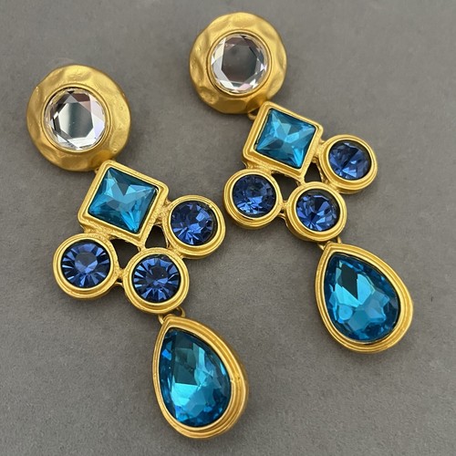 Matte Gold Tone Chandelier Earrings Aqua Blue Crystal Pierced Runway Statement - Picture 6 of 7