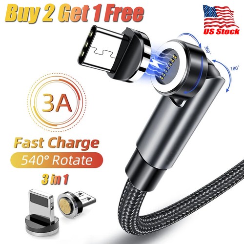 180+360° Rotate Magnetic Phone Charger USB Cable Cord For iPhone Type C Micro - Picture 1 of 16