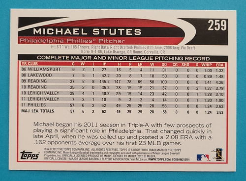 MICHAEL STUTES Signed 2012 Topps #259 Philadelphia Phillies Autograph Auto (a) - Bild 3 von 3