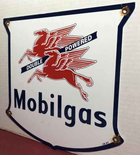 VINTAGE MOBILGAS DOULE POWERED PORZELLAN TANKSTELLENSCHILD MOBIL MOBILOIL - Bild 3 von 6