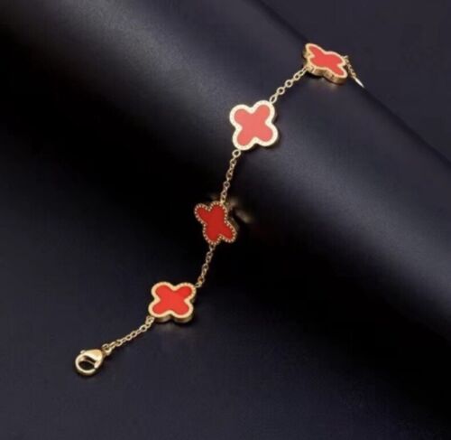 Women’s 18 Plated Gold Red Clover Bracelet Irish Shamrock Stainless Steel Boho - Picture 2 of 5