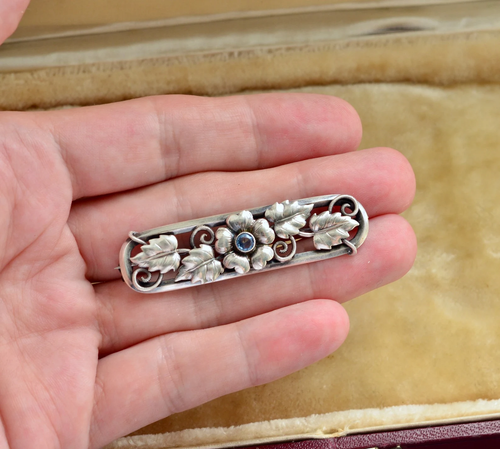 German Art Deco Blue Stone 835 Solid Silver Floral Bar Pin Brooch Laurin Mark - Picture 3 of 4