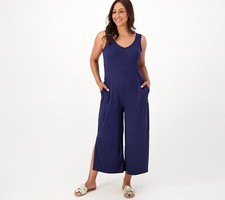 Cuddl Duds Petite Wide Leg Flexwear V-Neck Jumpsuit-Navy-Petite 1X-NEW-A587648