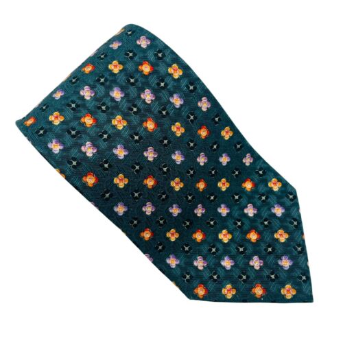Ermenegildo Zegna Krawatte Herren grün Krawatte lila orange Blumen Quadrate 100% Seide - Bild 2 von 5