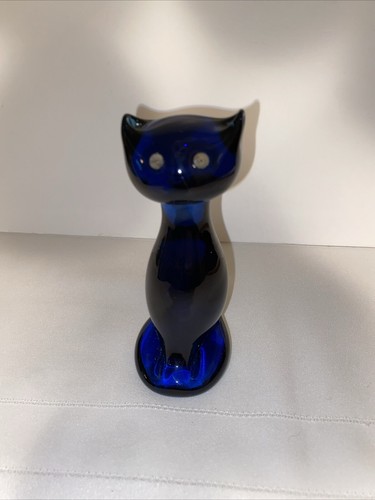 "Estatuilla retro vintage de gato gatito de vidrio azul cobalto de mediados de siglo MCM 50 5,5""" - Imagen 9 de 15