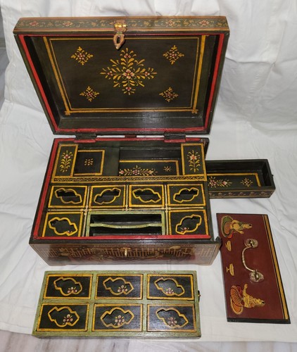 Vintage Collectible Painted Lord Krishna Radha Wooden Secret Drawer Jewelry Box - Picture 11 of 11