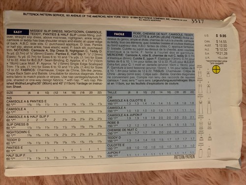 Vintage ‘94 Butterwick Women’s Lingerie Sleepwear Pattern UNCUT Size 6,8,10 - Picture 2 of 2