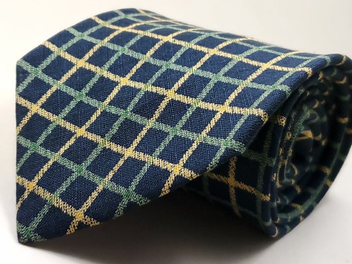 J.CREW Vintage 100% Leinen Krawatte Made in USA dunkelblau grün gelb kariert NEU - Bild 1 von 5