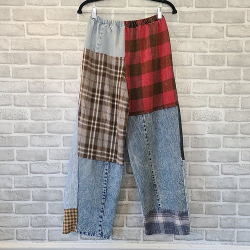 American Recycled Clothing Upcycle Denim Flanell Pieced Hose NEU S/M Boho Öko - Bild 1 von 8