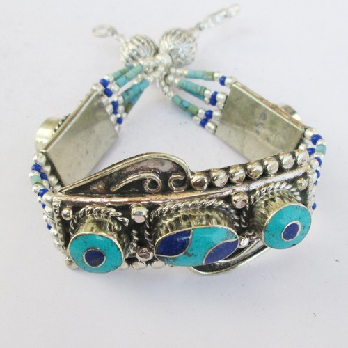 Pulsera étnica de lapislázuli turquesa real piedras preciosas joyería... - Imagen 2 de 8