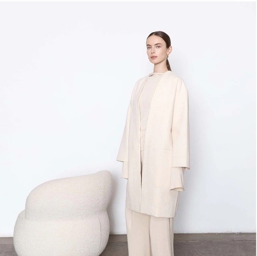 ST AGNI Overcoat Coat Size XS-S Oversized Cream Frank Waffle Jacket Long Blazer - Picture 2 of 18