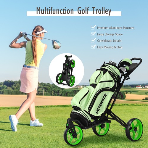 Costway Folding Golf Push Cart W/Scoreboard Adjustable Handle Swivel Wheel Green - Picture 4 of 6