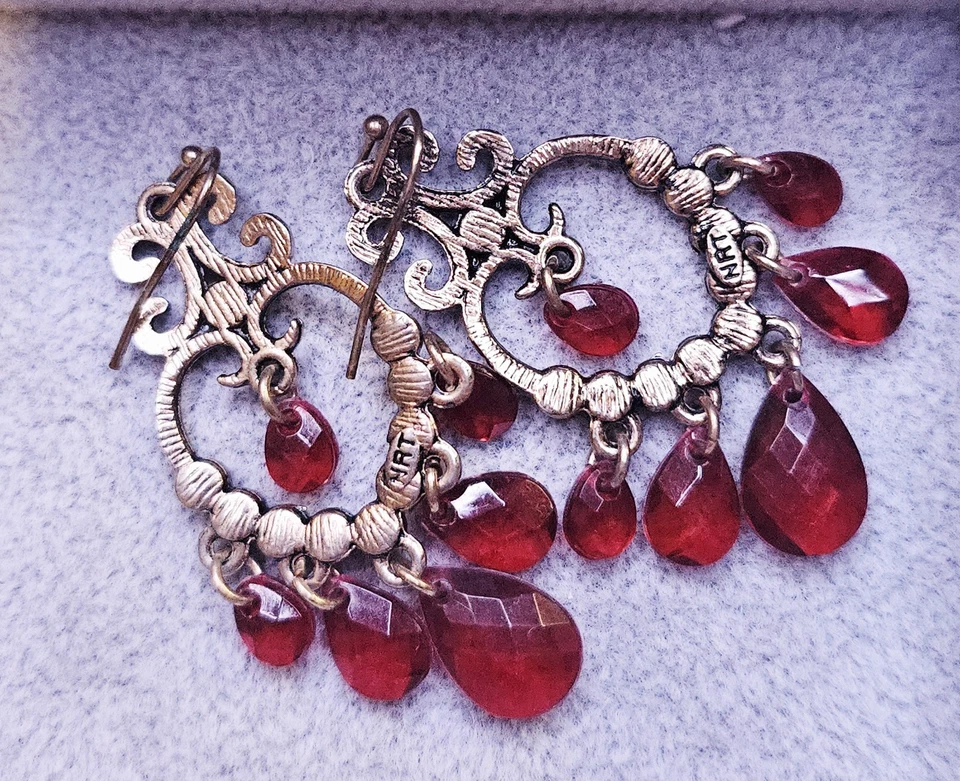 Avon Faceted Teardrop Pierced Earrings Gold Tone Scroll Red Dangles NICKEL FREE - Image 2 of 3