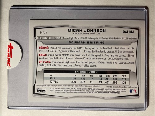 2014 Bowman MICAH JOHNSON Prospect Viola Ghiaccio Auto Box Topper 20/25 o 1/1 RARO! - Foto 2 di 2