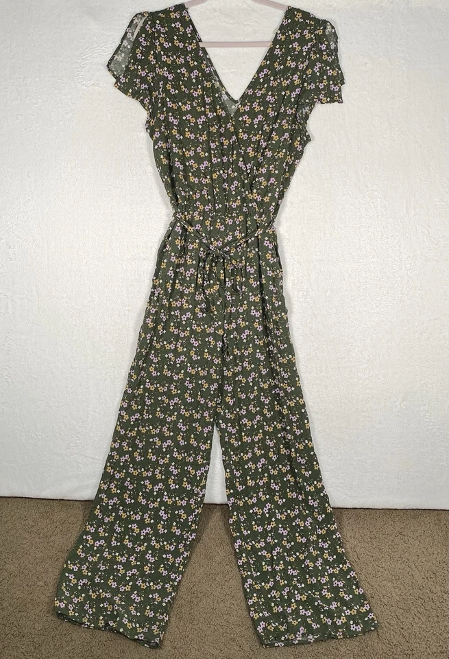 Macacão Kingston cinza floral verde cintura amarrada tamanho XL boho primavera verão - Imagem 3 de 4