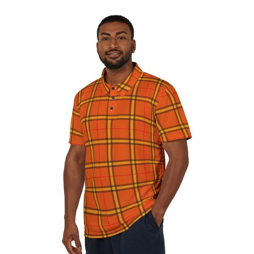 Unisex Orange FLannel Pattern Polo Shirt - Picture 3 of 4