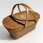 Antique Picnic Basket Woven Wicker Hinged Wooden Lid
