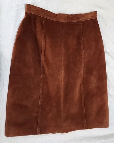 Suede Womens Brown Knee Length A-line Skirt Zip Slit 3 Panel Size 10 Vintage New - Picture 3 of 15