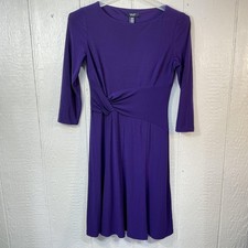 Chaps Dress Womens Medium Purple Knot Waist 3/4 Sleeve Stretch Polyester Elegant