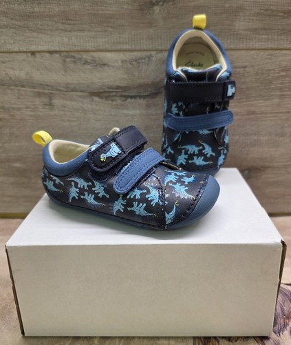 Boys Clarks 'Tiny Stomp T' Navy Dinosaur Print Leather Pre-Walker Shoes UK 5 F
