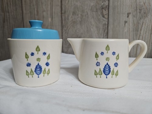 MARCREST Swiss Alpine ZUCKERDOSE mit Deckel und Milchkännchen, 60er Jahre, blau/grün Vintage