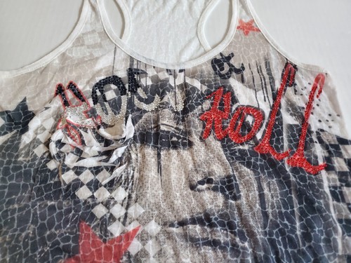 Strawberry Brand Rock N Roll Graphic Tank Sz L Black White Red Rhinestones Y2K - Picture 5 of 15