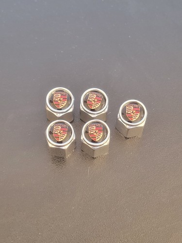 Porsche Chrome Valve Aluminum Stem Caps with Colored Crest Set Of 5 - Picture 3 of 5