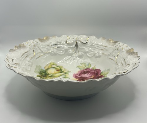 Antique German Porcelain Gold Guilt Serving Dish Roses Grapes Floral 10.25” - Picture 3 of 5
