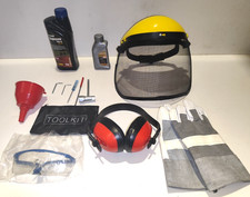 Chainsaw Safety Equipment Mask,Tools,Gloves Ear Muffs, Glasses, 2T & Chain Oil