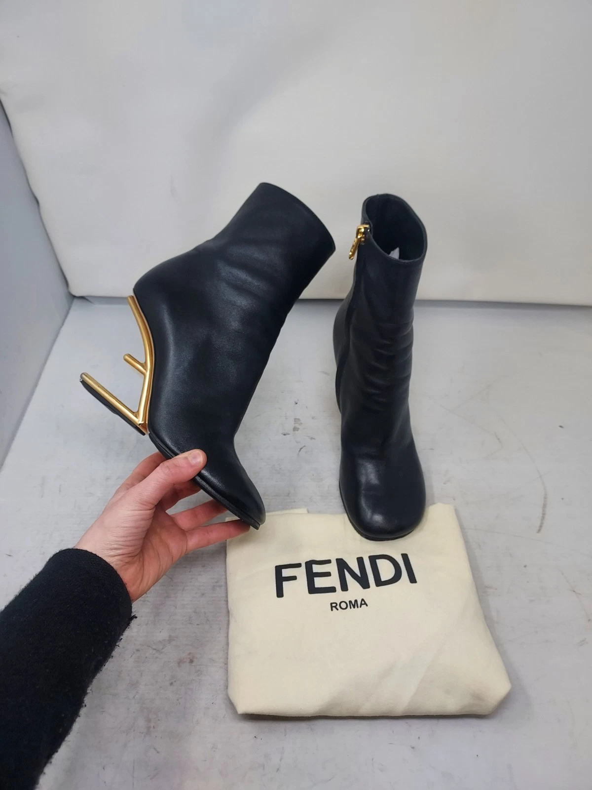 Fendi — Fendi EU 38 US 8 WOMENS First Black Leather F Heel Ankle Boot