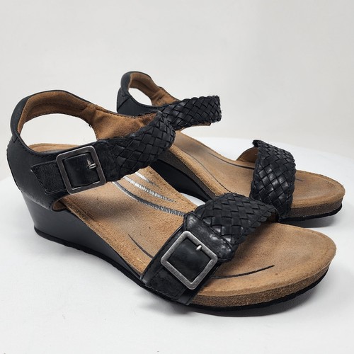 Aetrex Grace Adjustable Woven Wedge Sandal  Women 7.5-8 Black Leather  EW160W - Picture 1 of 13