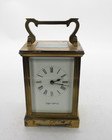 A Antique Mappin & Webb Ltd, Ticking 5 Glass Brass Carriage Clock + Key Running