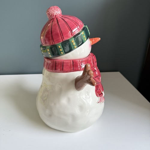 Vintage Sakura Snowman Cookie Jar Earthenware Decor Fiddlestix Snowman IN BOX - Imagen 2 de 10