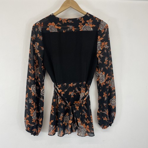 Joe Browns Black Orange V Neck Long Sleeve Rose Pattern Peplum Top Size UK 10 - Picture 9 of 10