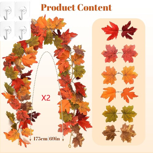 Halloween Christmas 6FT Autumn Fall Maple Leaves Wreath Garland Hanging Plant - Picture 4 of 14