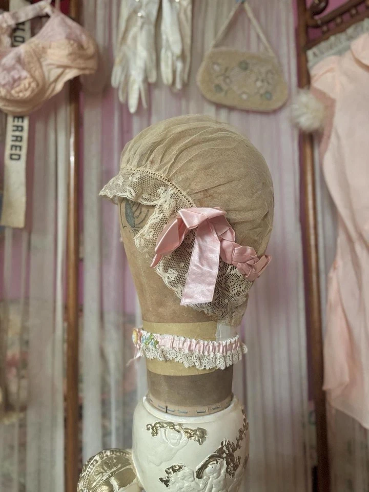 Antique Lace & Silk Ribbon Bed Cap, Blush Pink & Ivory 22” - Image 2 of 4