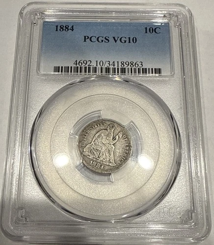 1884 Seated Liberty Dime 10ac Silver Coin PCGS VG10 Very Good