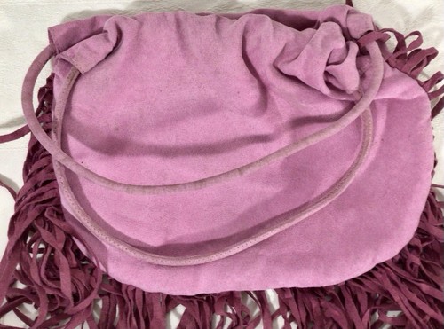 Vintage 1970s Pink Suede Fabric Shoulder Purse Hobo Bag With Leather Fringes - Picture 4 of 6