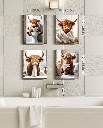Drsoum Carino Mucca delle Highlands Bagno Corniciato Wall Art Divertente Animale Rustico Tela - Foto 5 di 6
