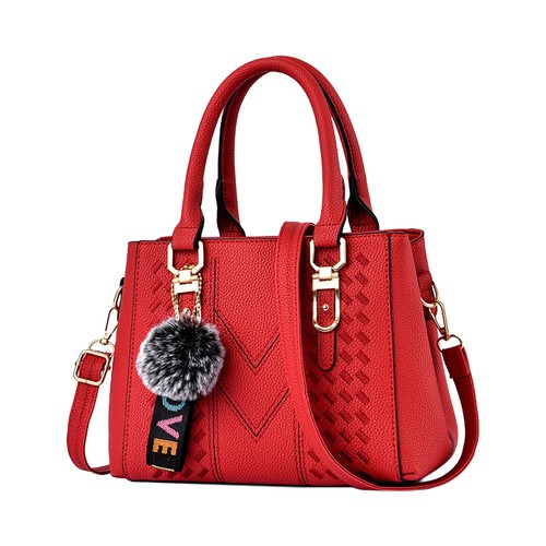 Shoulder Bag Stylish Faux Leather Crossbody with Fur Ball Charm - Picture 9 of 16