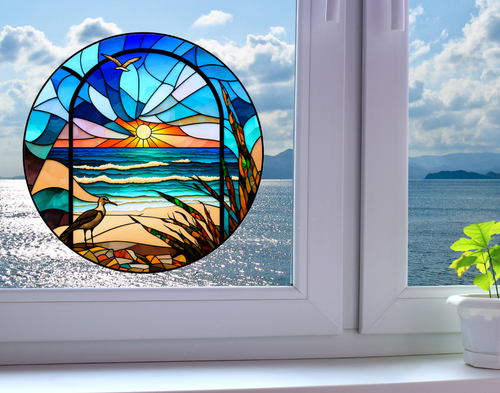 Sunset on Ocean Beach Faux Stained-Glass WINDOW CLING Size 8" Round Vinyl - Picture 2 of 3