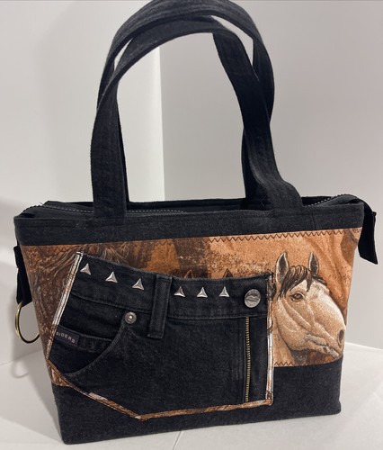 Western HORSES AND DENIM TOTE PURSE BLACK DENIM. EUC Rodeo Cowboy Cowgirl - Picture 2 of 13