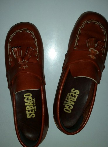 VTG SEBAGO Womens 5.5 Cognac Leather Moc Wedge Loafers Boho '70s - Picture 6 of 7