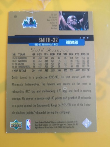 Carte Nba Upper Deck Gold Reserve 1999/2000 #131 Joe Smith Minesota Timberwolves - Picture 2 of 2