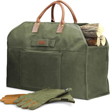 Firewood Log Carrier Bag with Leather Gloves Set for Camping BBQ Green