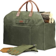 Firewood Log Carrier Bag with Leather Gloves Set for Camping BBQ Green