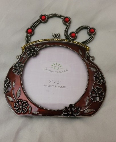 Photo Frame Standing Purse Enamel Silver & Ruby Red Floral by S Sunflower - Picture 2 of 12