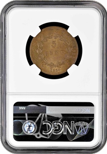French Colonies 5 centimes 1830 A, NGC MS64 RB, "King Charles X (1824 - 1830)" - Picture 2 of 2