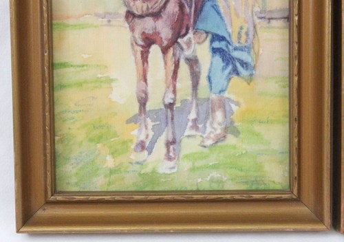 Vintage kleines Aquarell Gemälde Paar auf Stoff Western Cowboy auf Pferd - Bild 5 von 9