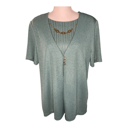 Alfred Dunner Damen Bluse mittelgrün Kurzarm 2-in-1 mit angenähtem Nec